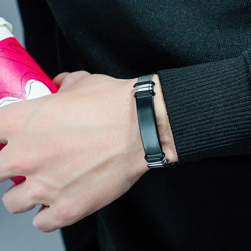 Регулируемые мужские браслеты из нержавеющей стали, модные черные браслеты с подвесками, серебряные цепочки на руку, подарки для мужчин, 2109