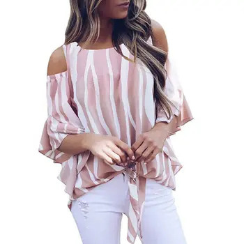 

Women Tops Cold Off Shoulder Stripe Tops Short Sleeve Summer Casual Blouse
