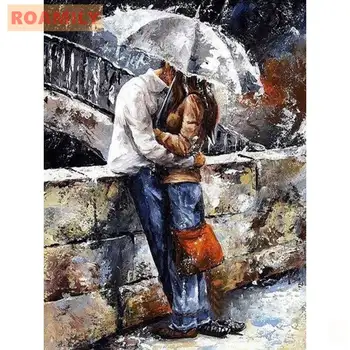

ROAMILY,5D Full Square/Round Diamond Painting Couple Lover in the Rain,Pictures with Rhinestones,Room Decoration Painting
