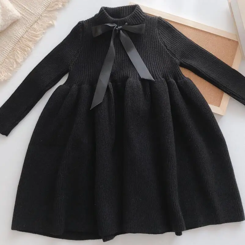 black baby dress Детская одежда для малышей на весну, осень и зиму; вязаные свитера с бантом для школьниц; платье принцессы с длинными рукавами; Детские платья для девочек - Цвет: black baby dress