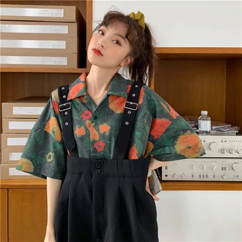 

2020 Summer Over Size Jumpsuit Western-style Age-reducing Jumpsuit Wide Leg Pants With Flower Shirt Two Piece Set
