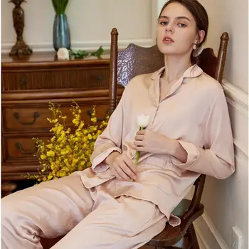 

Autumn Women Silk Pajamas Suit Long-sleeve Turndown Collar Solid Cardigan Pyjamas Casual Comfortable Home Nightwear 2pcs Sets