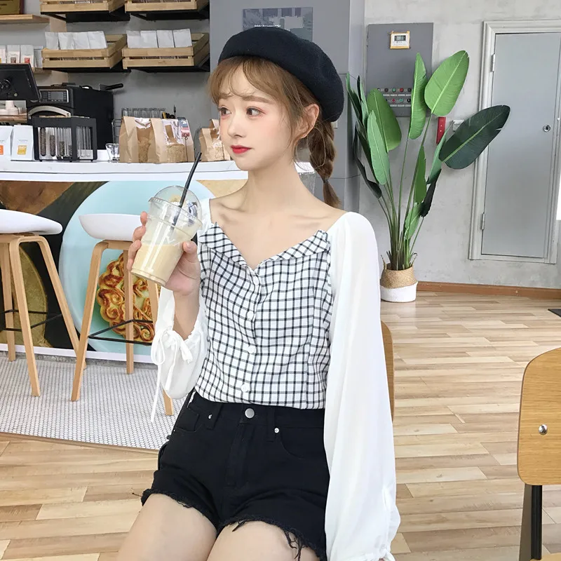 Повседневный пружинный фонарь лоскутные клетчатые рубашки свободная Корейская