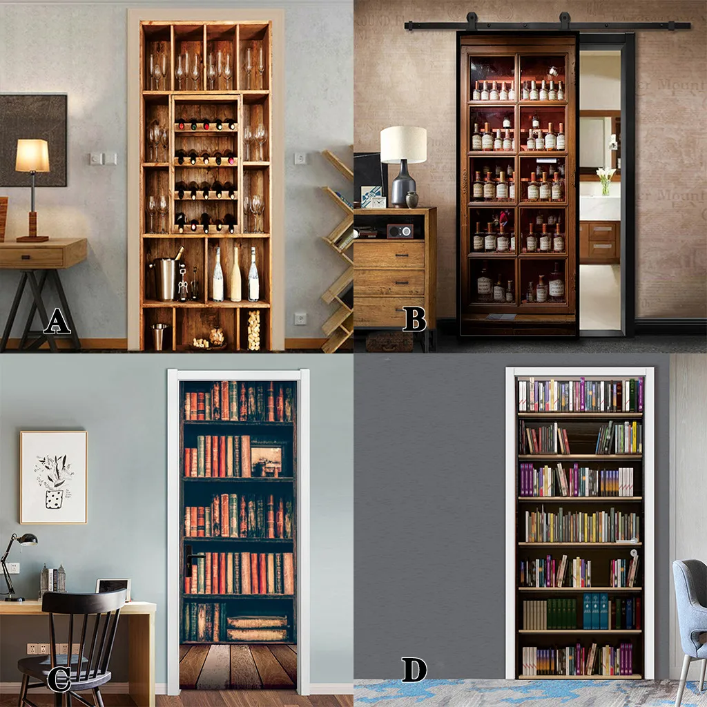 

PVC Door Sticker Vintage Wood Bookshelf Bar Counter Wall Decals Mural 3D Decor decoracion hogar moderno decoration chambre
