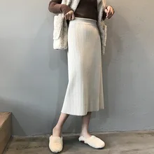 Вязаная женская юбка, новинка, средняя длина, высокая талия, тонкая, сплошной цвет, юбка для ягодиц, осень и зима, Зимняя юбка