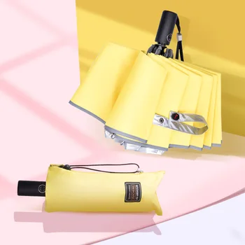 

Automatic Reverse Umbrella rain women Aluminum alloy 10 bones extra large 3-folding with reflective strip umbrella