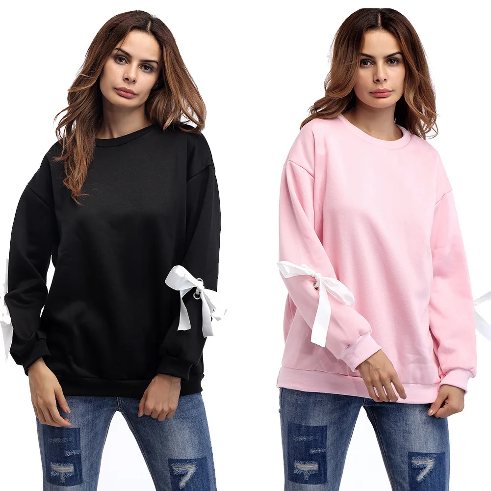 

Hot Selling Crew Neck Solid Color Hoodie Cool Loose-Fit Long Sleeve Bandage Cloth Tops WOMEN'S Dress