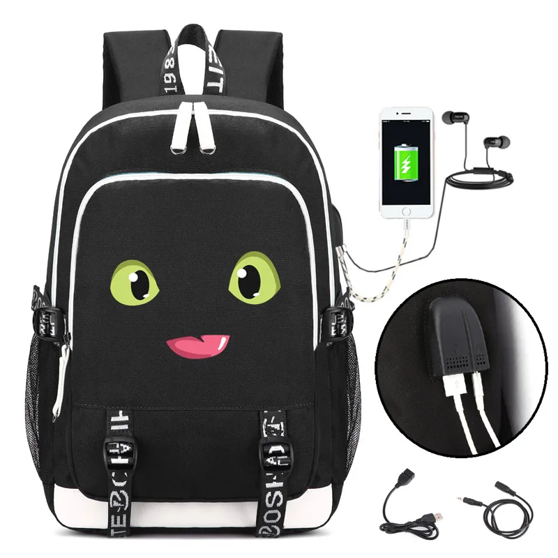 style3 black Как приручить рюкзак с принтом дракона с usb-портом для зарядки и блокировкой и интерфейсом для наушников для студентов колледжа - Цвет: style3 black