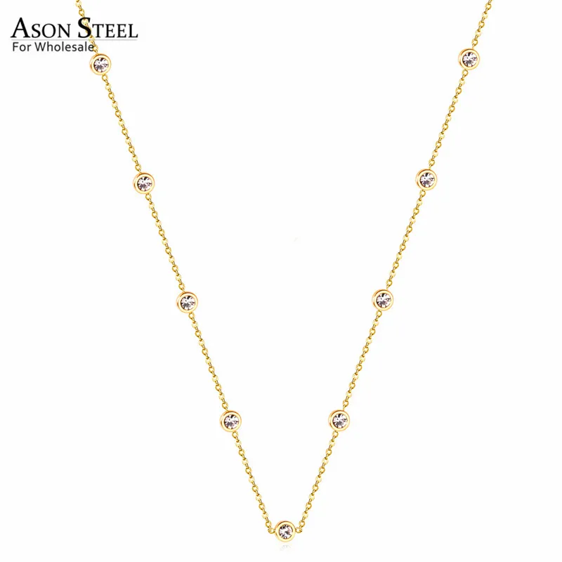 

ASONSTEEL 57cm+5m Long Chains Necklace Gold Color Crystal Round Pendant Necklace Stainless Steel Adjustable Necklace Female Part