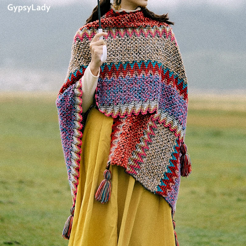Винтажные накидки-пончо GypsyLady в стиле бохо красного цвета женское осенне-зимнее