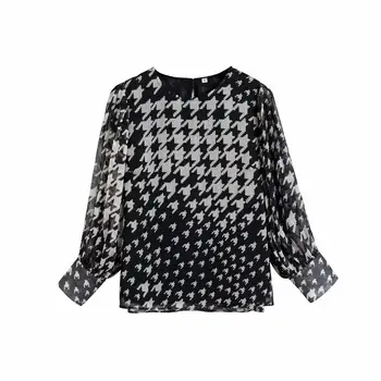 

New Women Vintage O Neck Houndstooth Print Casual Smock Shirts Blouses Women Chic Pullover Roupas Femininas Chemise Tops