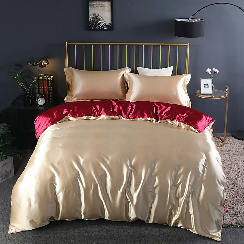 Mulberry Silk luxury Bedding Set with fitted sheet High-end 100% Silk Satin Bedding Sets soft smooth Solid Color quilts Cover