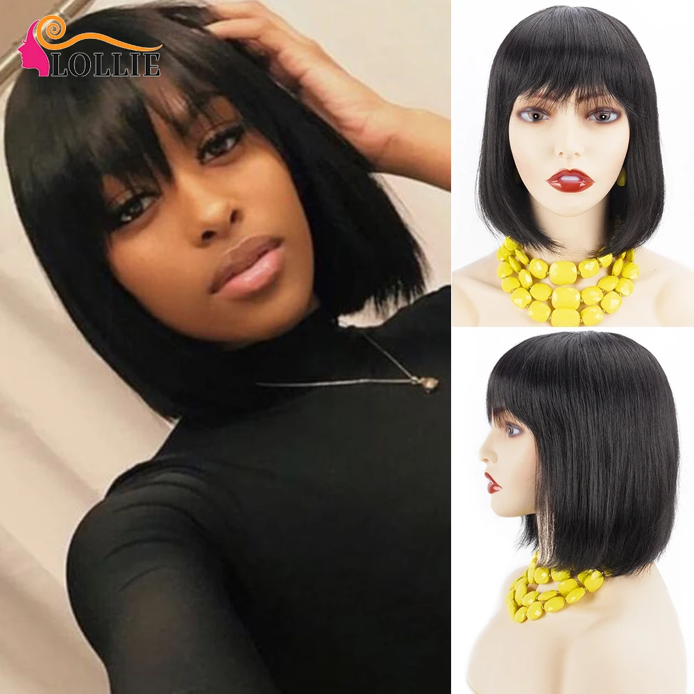 Lollie peluca con flequillo pelucas de cabello humano 150% de densidad contundente corte Bob corto pelucas de cabello humano con flequillo envío gratis cabello Remy peruano