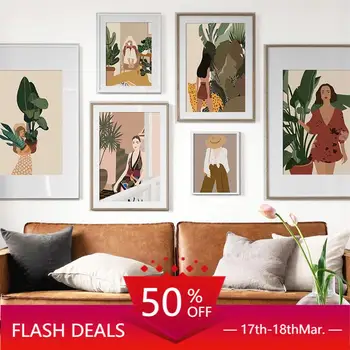 

Canvas Painting Fashion Abstract Vintage Girl Plant Leaf Wall Art Nordic Posters And Prints Wall Pictures For Living Room Decor