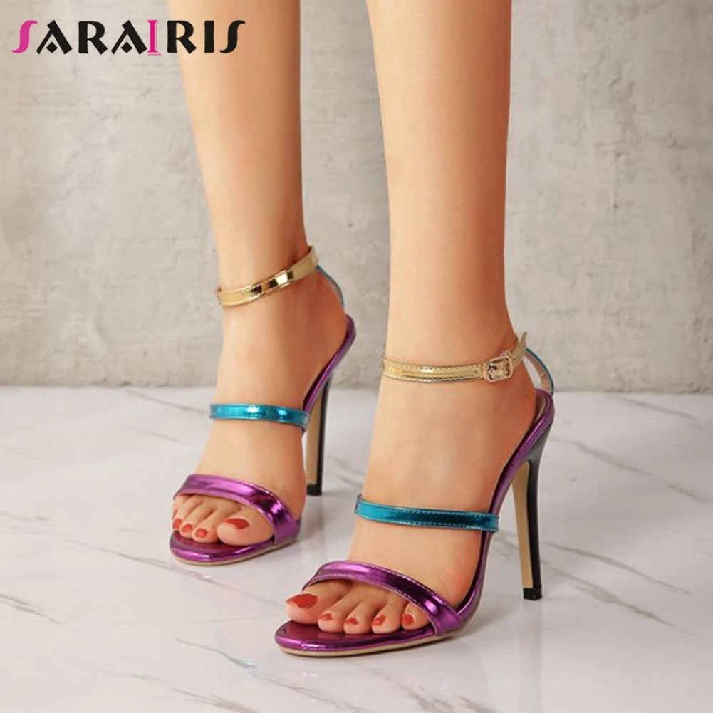 

SARAIRIS Female Fashion mixed-color Shining Sandals High Thin Heels Sandals Women Summer Sexy Shallow Party Shoes Woman