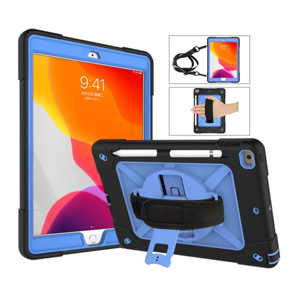 Чехол для планшета с вращающейся подставкой для iPad 10,2 7-го поколения, сверхпрочный защитный чехол для детей, ремешок на руку+ плечевой ремень+ пленка - Цвет: Black Blue