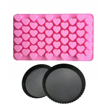 

1x 55 Cell Heart Style Silicone Ice Mold & 2 Pack 9 Inches Removable Loose Bottom Quiche Tart Pan, with Removable Base