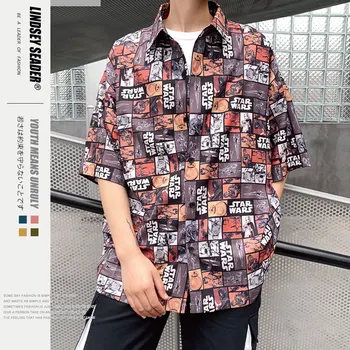 

Women Mens Plaid Cartoon Printed Full Print Colors Short Sleeve Street Shirts Fashion Hop-hop Shirt for Man Loose Casual Top