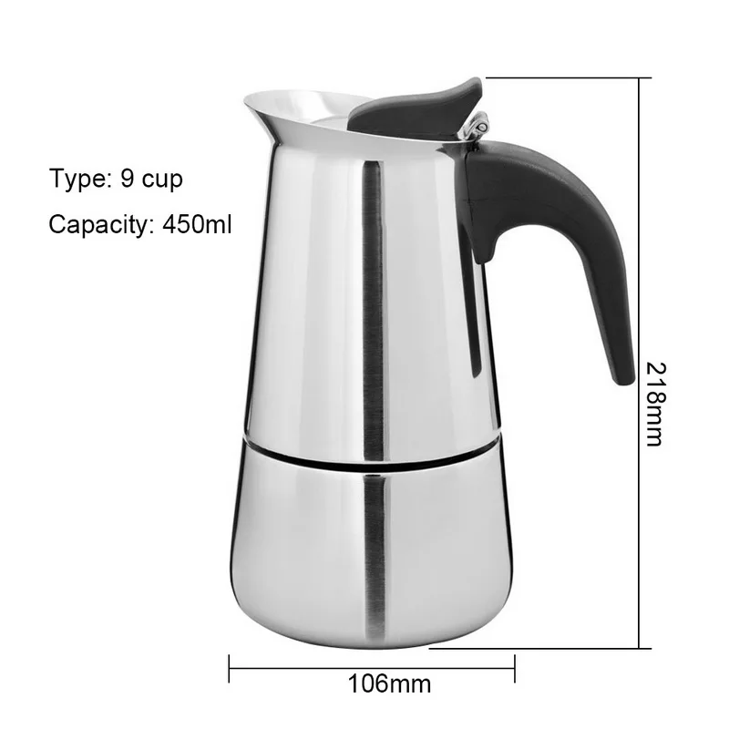 450ml Чайник из нержавеющей стали, кофейник, чайник, портативный эспрессо, Кофеварка Moka Pot Pro Barista Pot 100 мл/200 мл/300 мл/450 мл - Цвет: 450ml