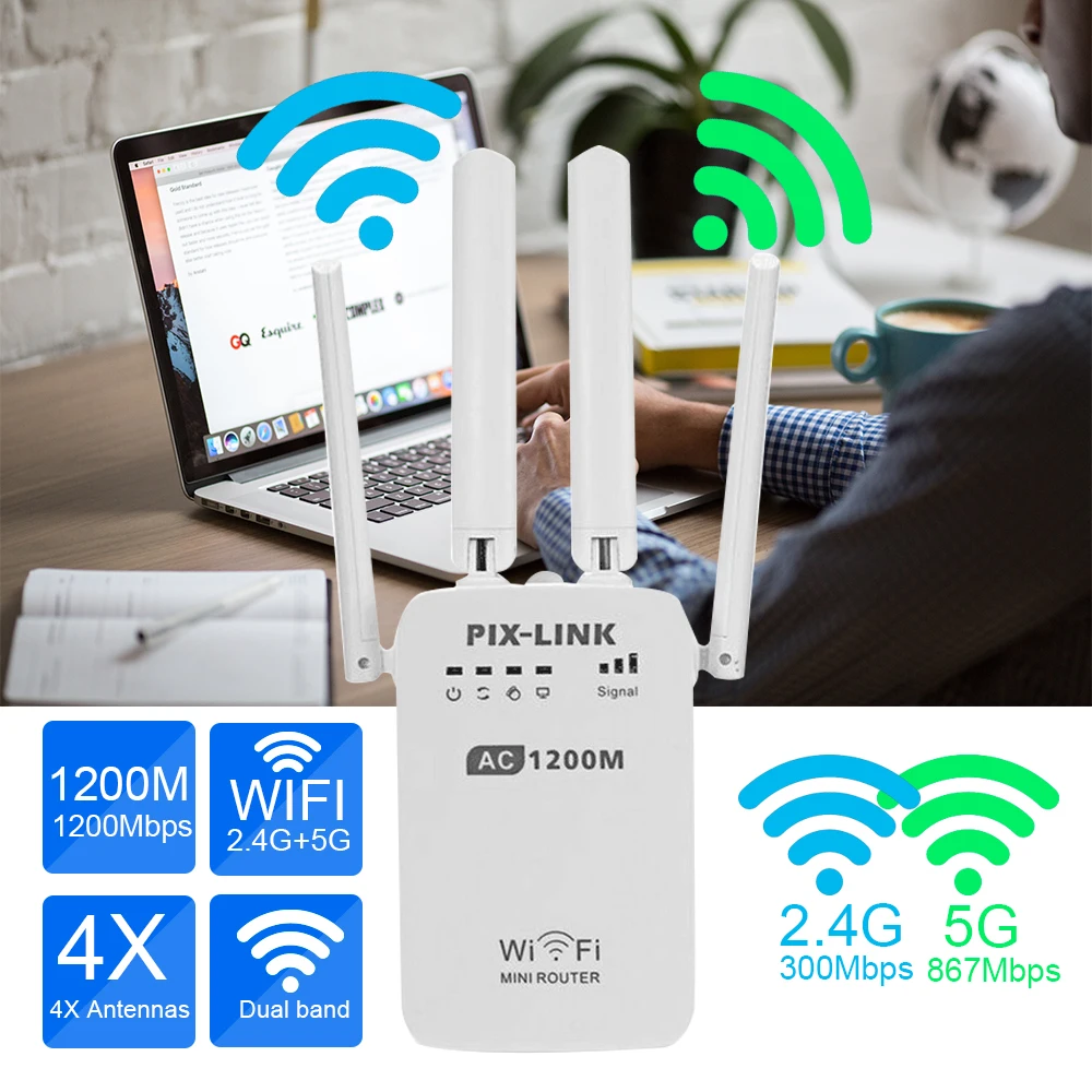 Wi-Fi ретранслятор 1200 Мбит/с 2,4 и 5 ГГц двухдиапазонный интернет 4 антенны Усилитель сигнала с роутером/AP/повторителем клиентского режима