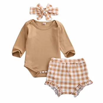 

3PCS Autumn Newborn Baby Girls Clothes Long Sleeve Tops Romper Bodysuit+Plaid Shorts Pants+Headband Baby Clothing Outfit 0-24M