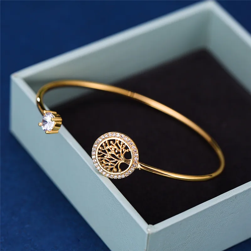Pulsera de piedra blanca de circón para mujer, brazalete ajustable de árbol de la vida para mujer, brazalete de boda de oro rosa