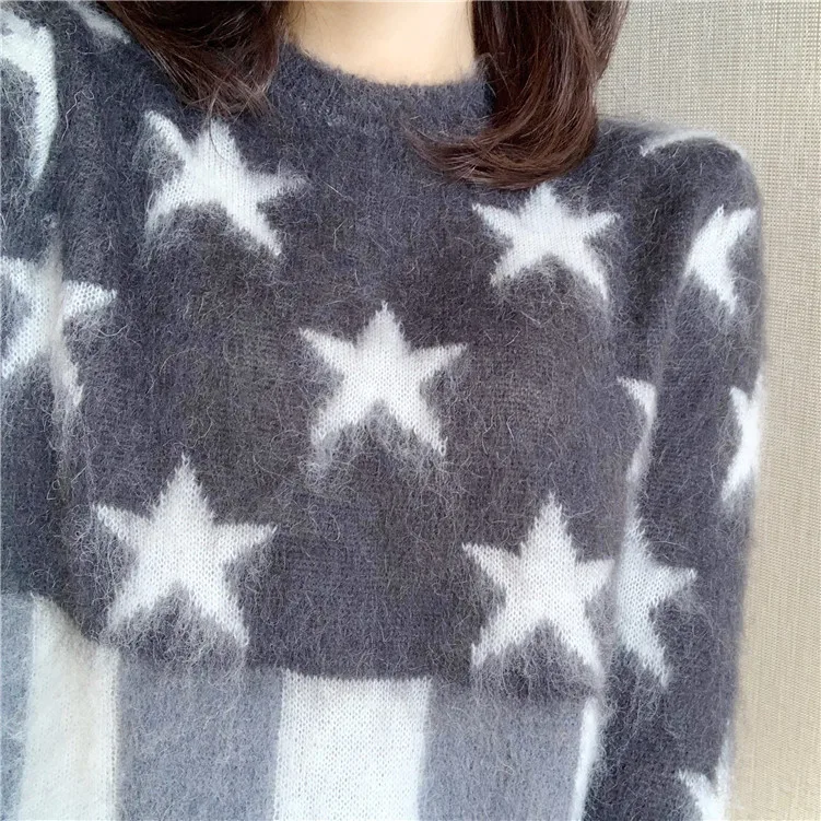 Stars+ stripe mohair sweater lazy wind new fund autumn winters female grey pullovers