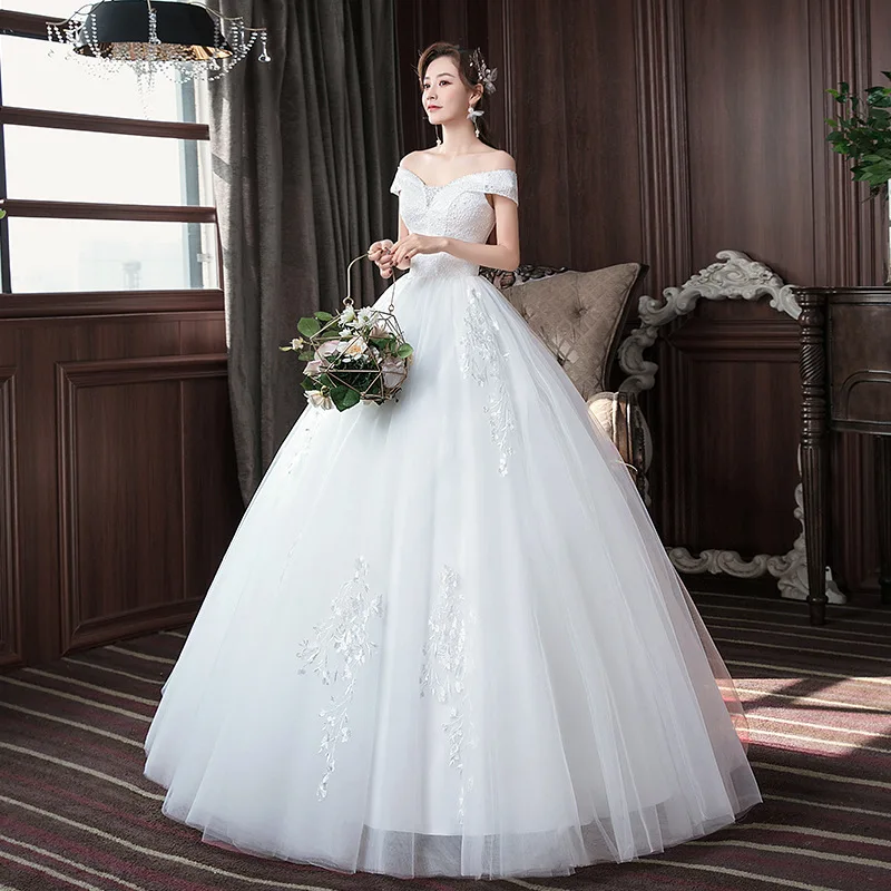 Wedding Dress Embroidered Lace on Net Boat Neck Lace up White Long Ball Gown HMHS-83#
