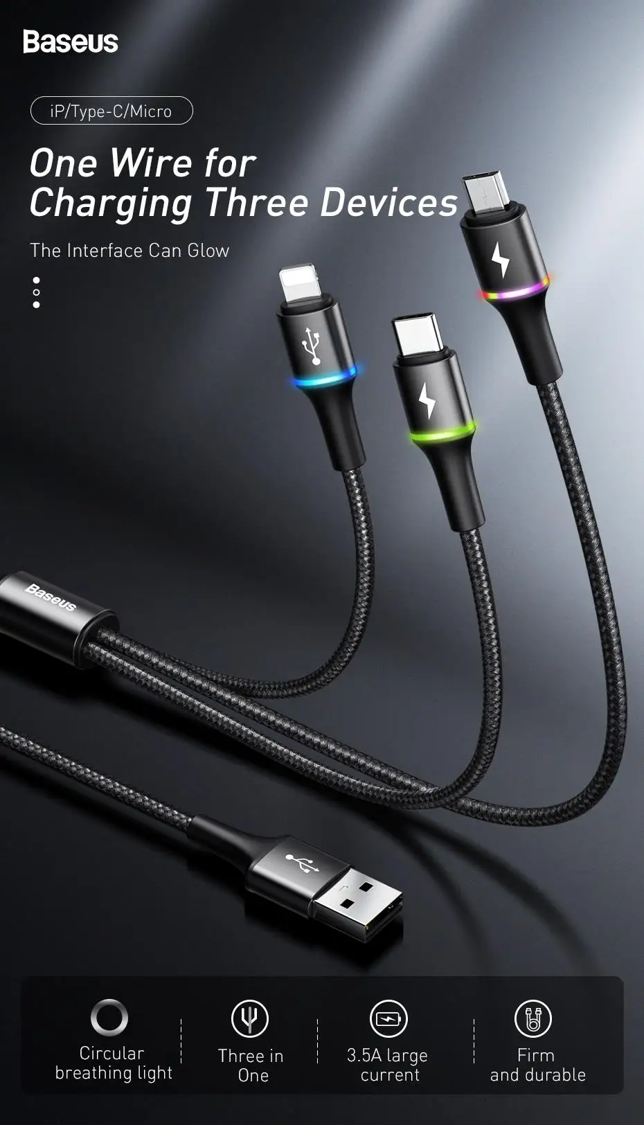 Baseus 3 в 1 USB кабель для iPhone светодиодный 3в1 мульти Micro usb type C кабель для samsung S10 мобильный телефон Быстрая зарядка зарядное устройство Шнур