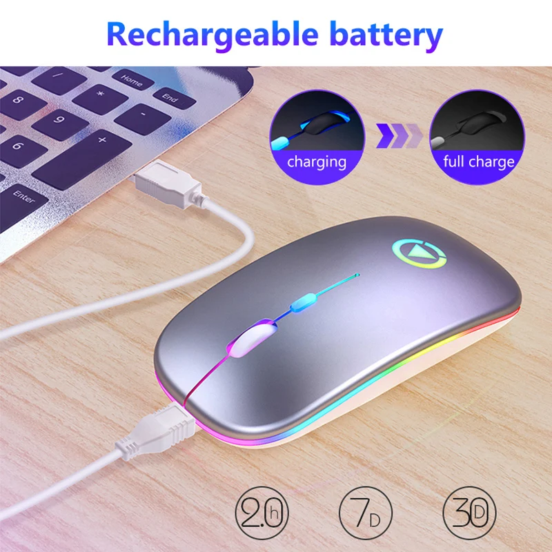 2 4G Бесшумная беспроводная мышь RGB со светодиодной подсветкой 1600 точек/дюйм
