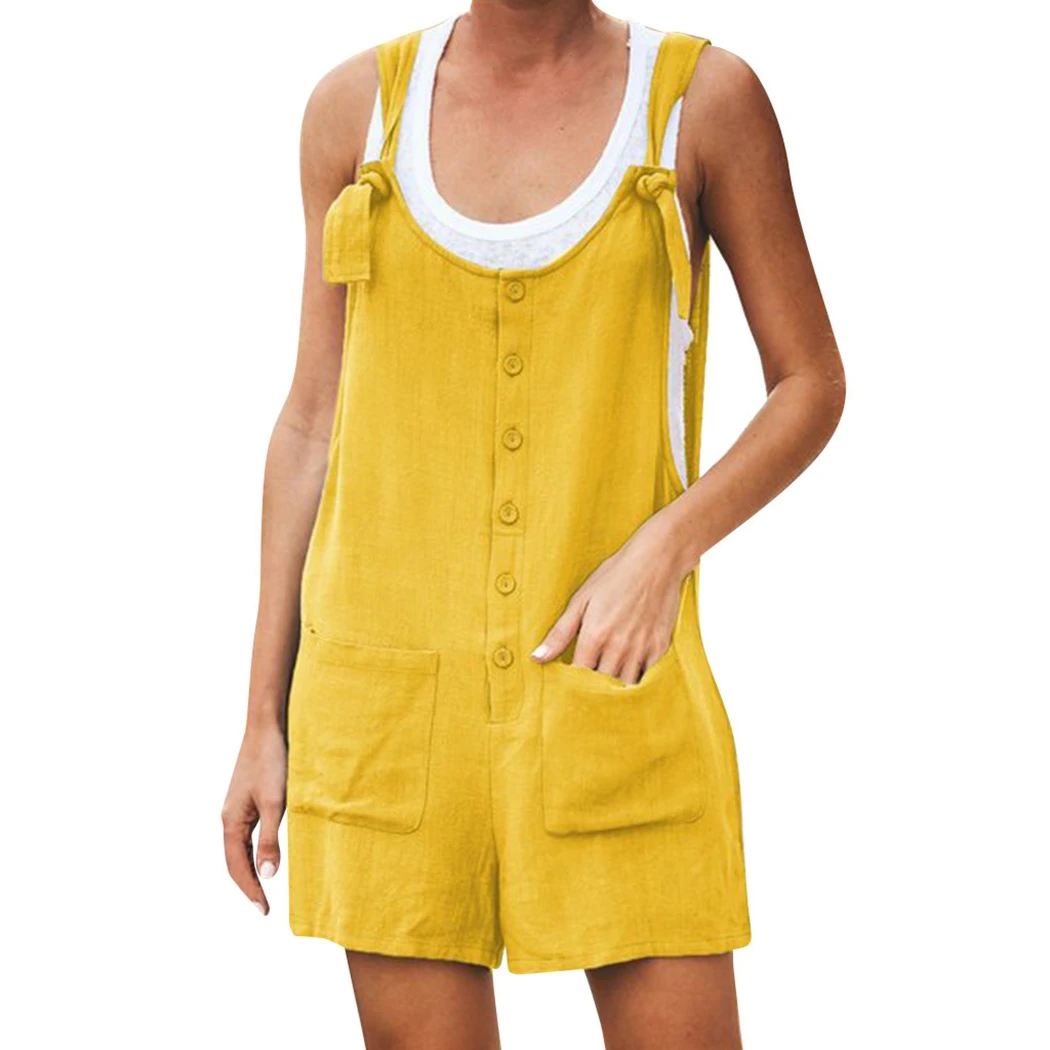 Bee Yellow Boho пляжные Хлопчатобумажные Шорты Комбинезоны женские летние комбинезоны без рукавов Повседневные однотонные комбинезоны с карманами женские комбинезоны - Цвет: Bee Yellow
