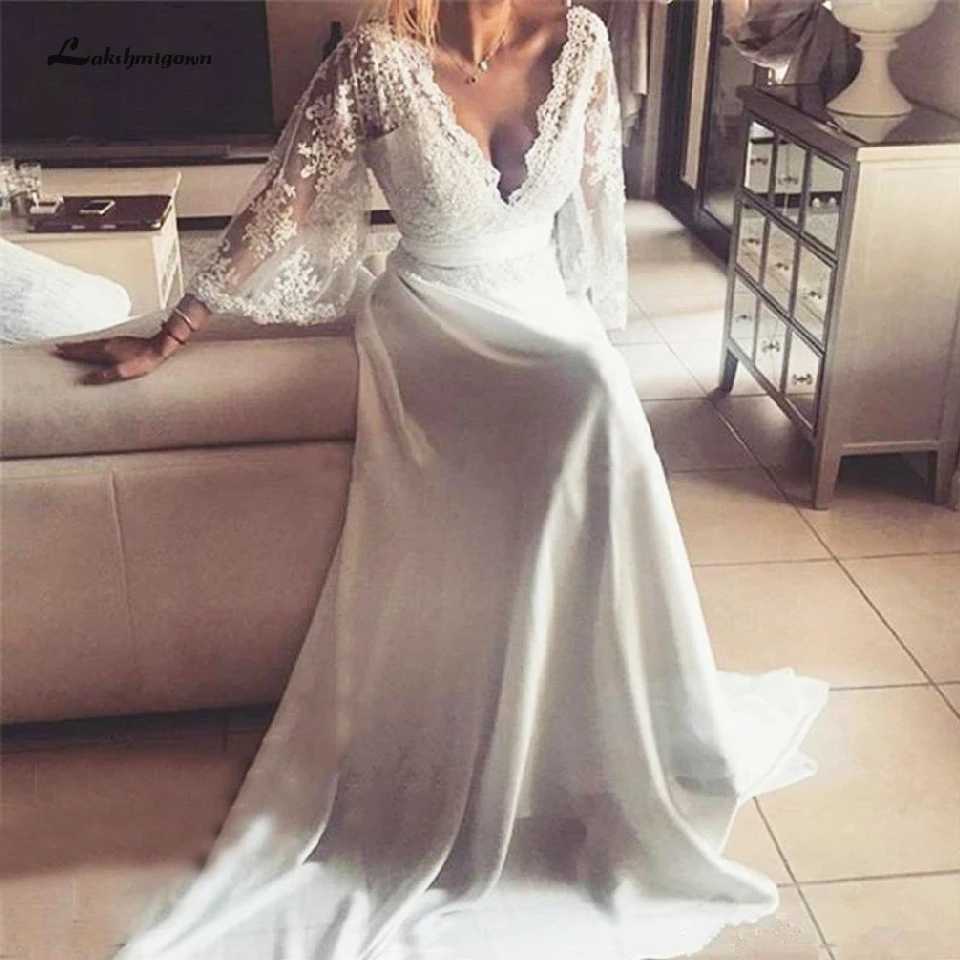 Lakshmigown размера плюс богемное свадебное платье es кружевное с длинным рукавом А-линия сексуальное свадебное платье для невесты с v-образным вырезом Robe De Mariee