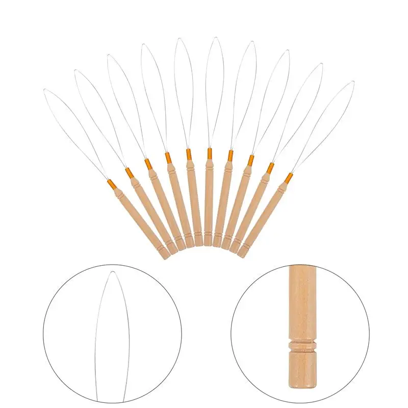 10/12Pcs Hair Extension Hook Pulling Tool Needle Threader Micro Rings Link Beads Loop Wooden Handle With Iron Wire hair extensions tool