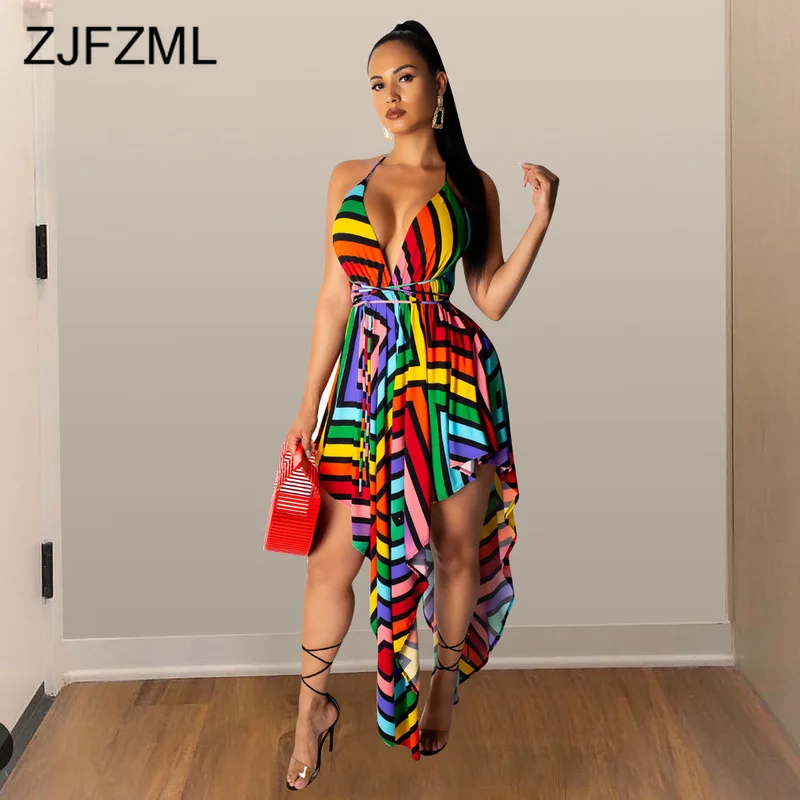 Rainbow Striped Sexy Irregular Dress Women Spaghetti Strap Backless Plus Size Dress Summer Deep V Neck Sleeveless Bohemian Dress|Dresses| - AliExpress