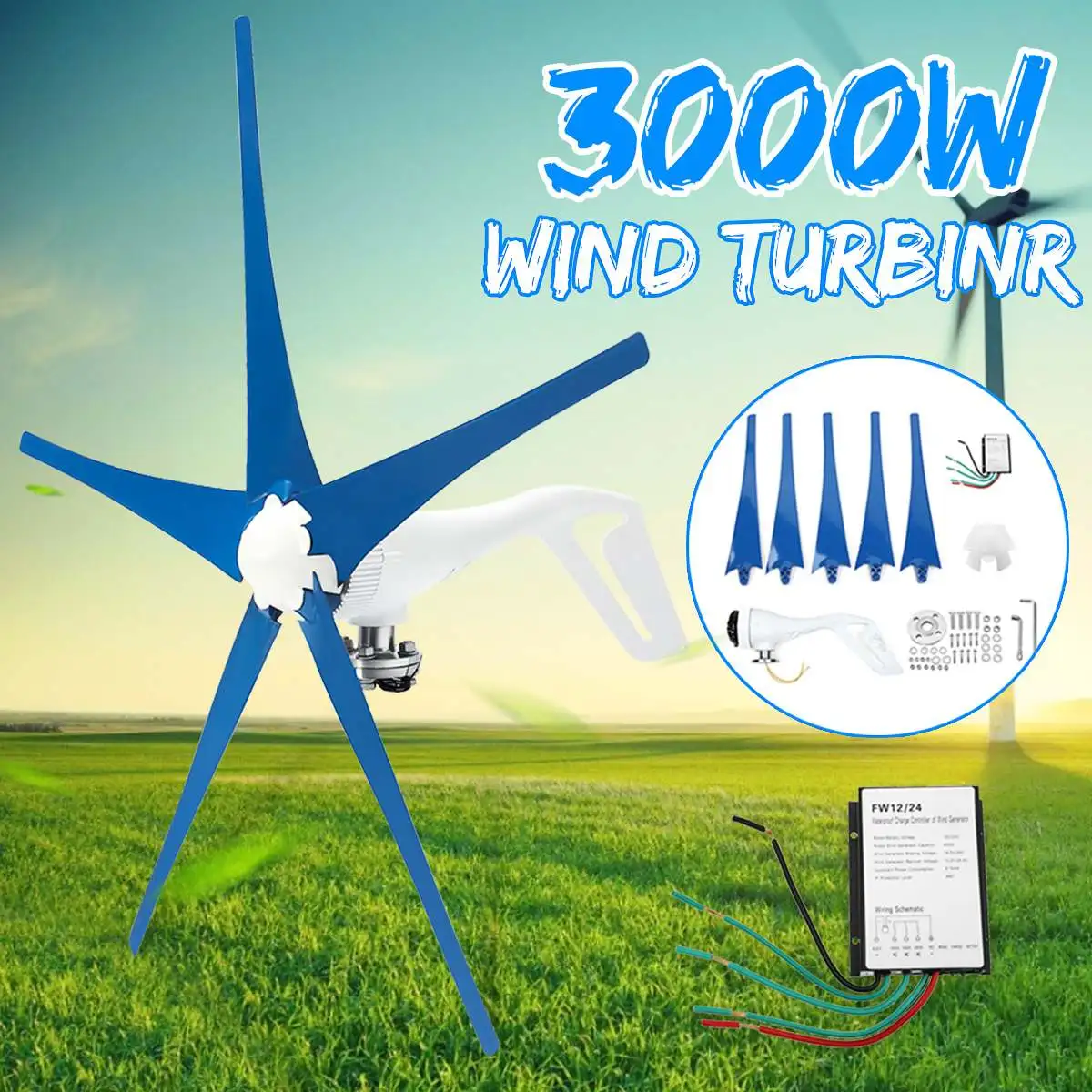 

Wind Turbines Generator 3000W 12V/24V 5 Blades Horizontal Wind Generator With Controller Windmill Energy Turbines Charge