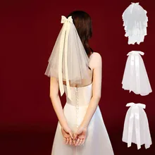 3 Types Women Tulle Wedding Veils White Ribbon Edge Bow with Hair Clip Short Bridal Hair Veil Bride Marriage Party Accessories