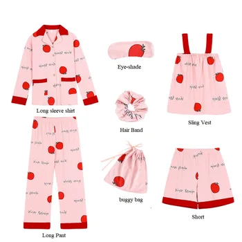 

7 pcs pajama set Women's sleepwear 100% cotton vest long pant and robe set pink red grey color home wear