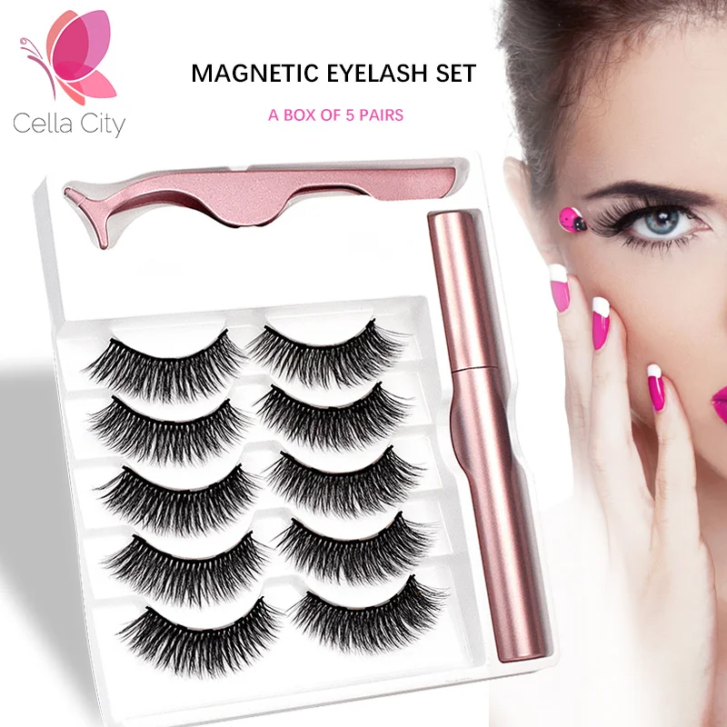 

Cellacity 5 Pairs Magnetic Eyelashes natural long Magnetic Liquid Eyeliner & Magnetic False Eyelashes & Tweezer Set Make up set