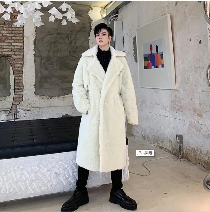 S-XL! зимнее модное мужское длинное Свободное пальто из овечьей шерсти с отворотами, темпераментное молодежное утепленное плюшевое пальто