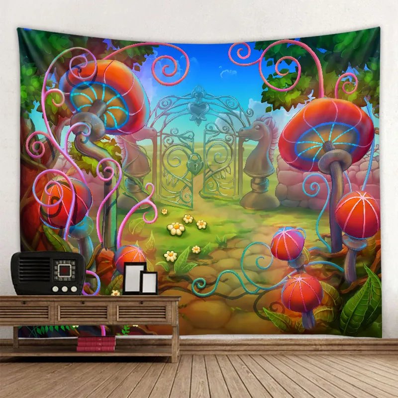 Tapestry Decor Psychedelic Mushroom 3D Printing Tapestry Hippie Fantasy Colorful Art Mandala Bohemian Family Dormitory Wall Decoration