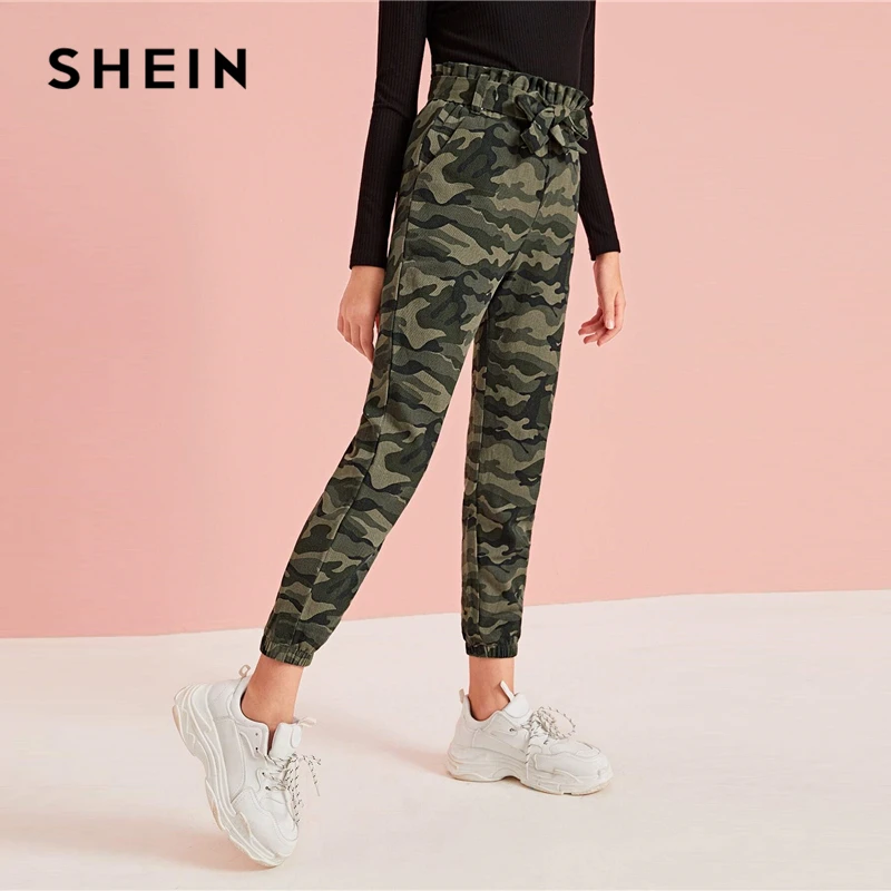 SHEIN/повседневные штаны для девочек с камуфляжным принтом и поясом; детские штаны; г. Осенние Зауженные Брюки с карманами для подростков