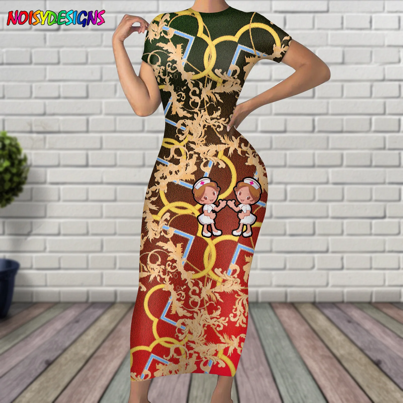 

NOISYDESIGNS Women Long Dress Streetwear Party Club Elegant Euporean Golden Flower And nurse Girls Printed Dresses Gradient