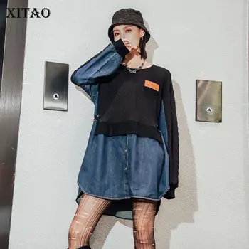 

XITAO Women Dress Fashion Full Sleeve 2020 Autumn Patchwork False Two Piece Patchwork Knitted Loose Minority Casual Dress ZY1231