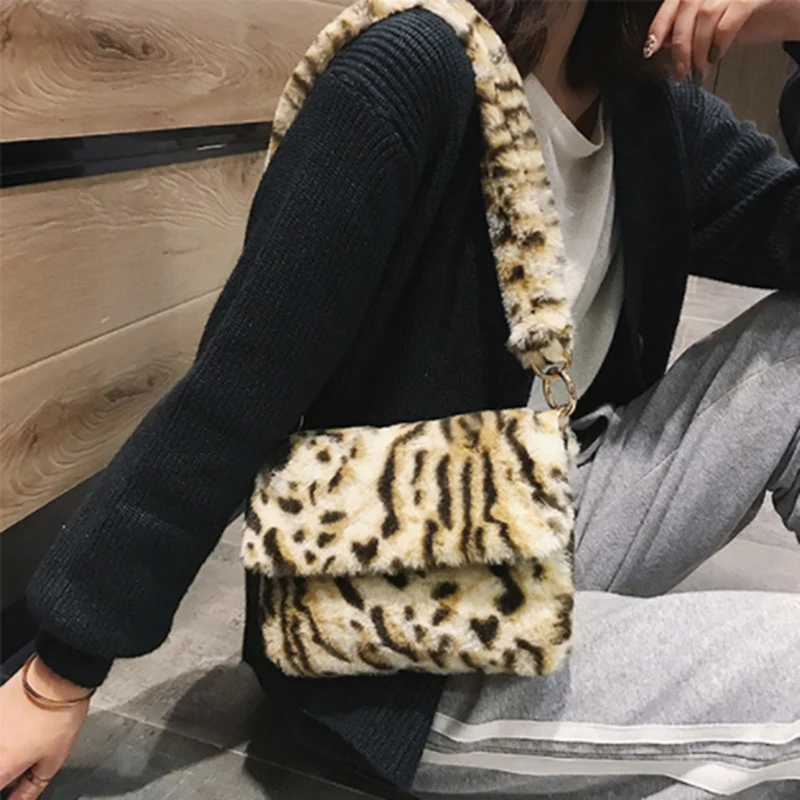 leopard print teddy faux fur shoulder bag