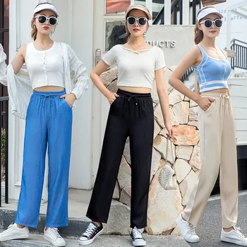 

Tencel Denim Wide Leg Pants Women's Thin High Waist Slim Straight Ice Silk Loose Drape Ankle-length Pants