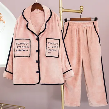 

Pink 2PCS Women Winter Pajamas Set Turn-down Collar Thicken Sleepwear Flannel Loose Warm Nightwear Casual Letter Print Home Wear