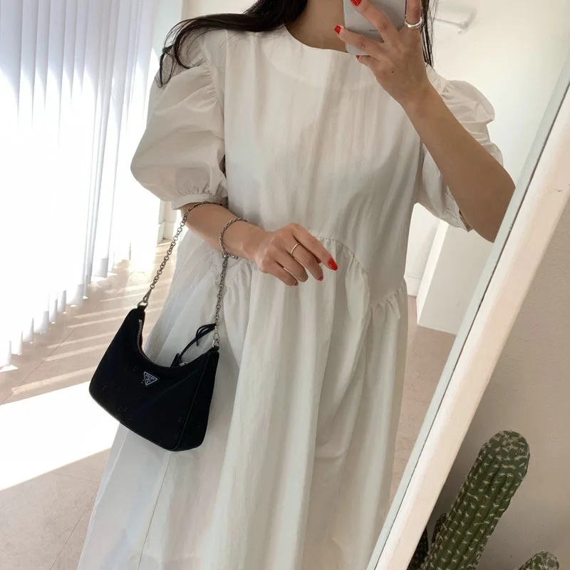 2020 Summer New Irregular Elegant White Gray Dress Fashion O-Neck Pleated Dresses Female Vintage Puff Sleeve Female Dress