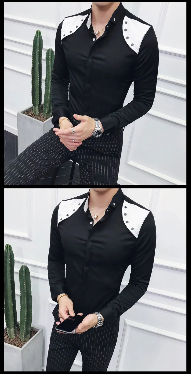 Контрастная черно-белая Лоскутная рубашка для мужчин camisa social masculina Корейская мужская одежда новые осенние повседневные мужские рубашки slim fit