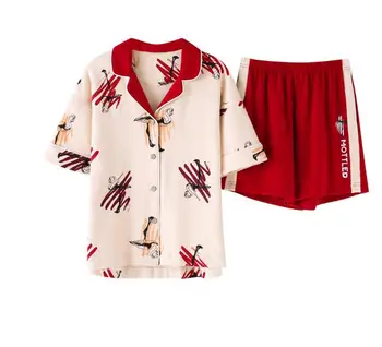 

Summer RED Pocket Loose Pajama Sets Women Scrawl Flamingo 2 Pieces Set Short Sleeve Top + Shorts Elastic Waist Pyjamas for girl