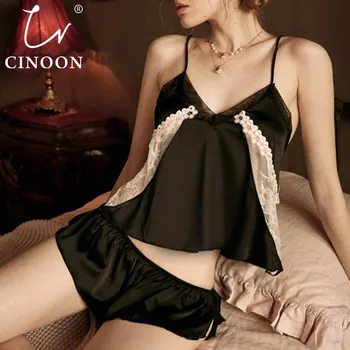 

CINOON New 2 Pieces Sexy Women Pajamas Sets Faux Silk Pajamas Sleepwear Sets Elegant Sexy Lace Fashion Lace V-Neck Homewear
